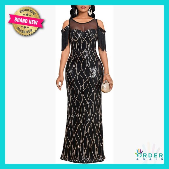 Sequin Evening Gown Cold Shoulder Tassel Sleeve Formal Maxi Dress Elegant
